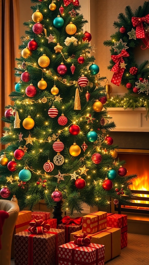 Inspirational Christmas Quotes A decorated Christmas tree with gifts, warm fireplace glow.